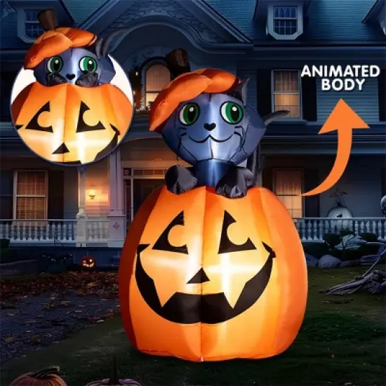 Joyfy 5 FT Tall Halloween Inflatable Outdoor Decorations, Animated Kitty Cat On Pumpkin Inflatable for Halloween Party Indoor Outdoor Yard Lawn Decor image {2}