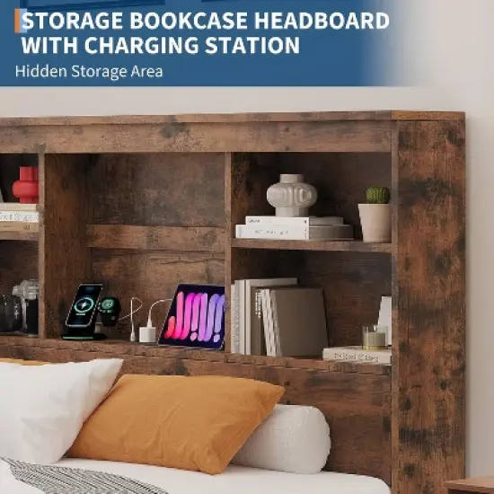 Bed Frame with 4 Storage Drawers and High Storage Bookcase Headboard, Built in Charging Station,No Box Spring Needed, Noise-Free, Easy Assembly image {5}