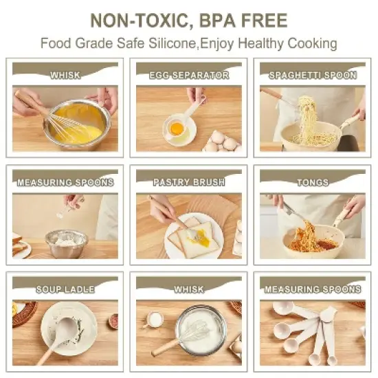 Itopfox Kitchen Utensils Set - 34 PCS Non-Stick Silicone Cooking Tools with Wooden Handle, Kitchen Gadgets for Nonstick Cookware (Cream White) image {4}