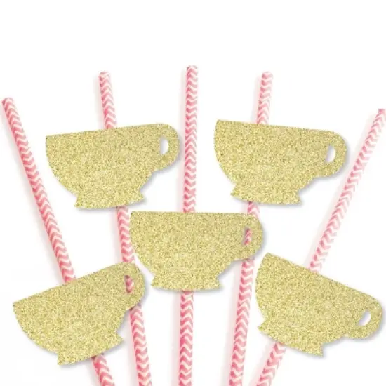 Big Dot of Happiness Gold Glitter Tea Cup Party Straws - No-Mess Real Gold Glitter Cut-Outs and Decorative Garden Tea Party Paper Straws - Set of 24 image {2}