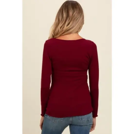 PinkBlush Burgundy Ribbed Knit Long Sleeve Lettuce Hem Maternity Top image {3}