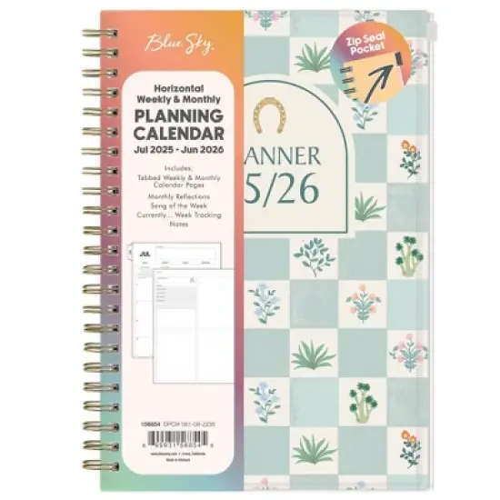 Blue Sky 5"x8" 2025-2026 Weekly/Monthly Zip Pouch Wirebound Planner Printed Plants Regalia image {2}