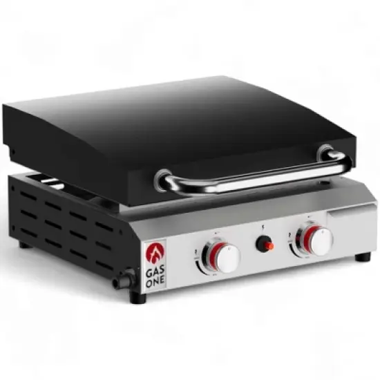 GasOne 2 Burner Flat Top Gas Grill with Lid &ndash; Auto Ignition Propane &ndash; Premium Stainless Steel Body with Pre Season Griddle, Oil Drip Tray image {1}