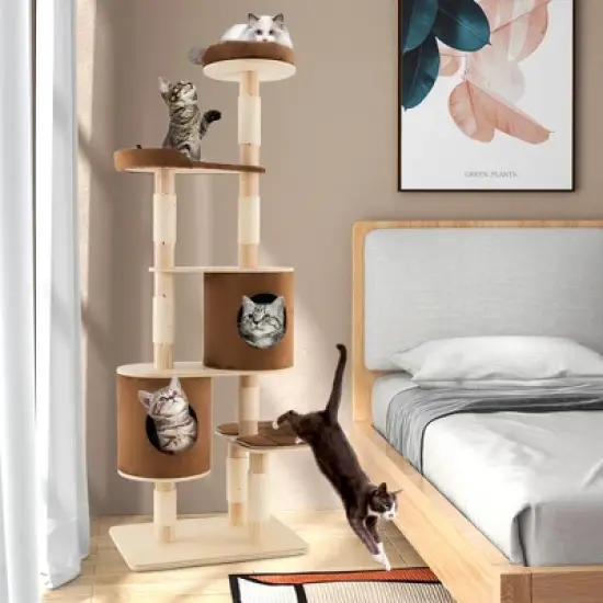 Costway 75'' Multi-layer Wooden Cat Tree Indoor Tower Activity Play Center with 2 Condos image {2}
