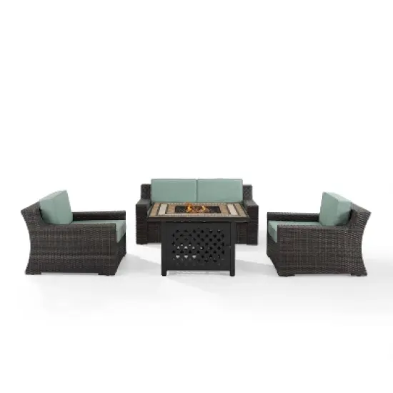 Beaufort 4 Pc Outdoor Wicker Conversation Set - Love seat and 2 Chairs with Fire Table Mist/Brown - Crosley image {1}