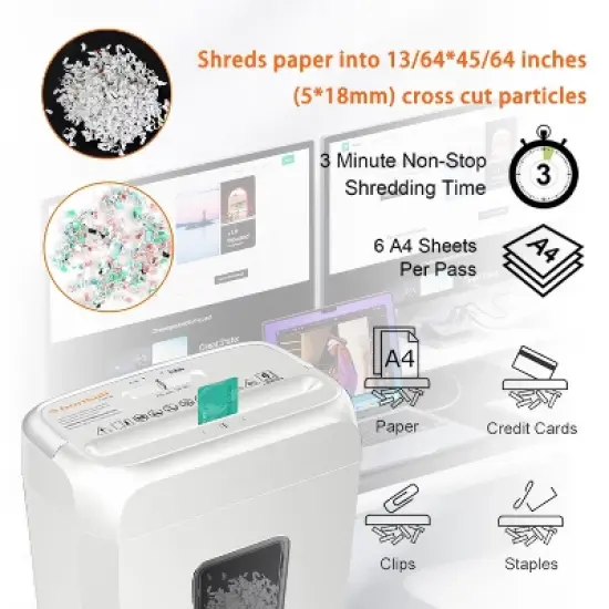 Bonsaii 6-Sheet Crosscut Paper Shredder for Home Use, Shreds Paper, Credit Cards, Staples, Clips, 3.4 Gal Wastebasket, White, with Handle image {5}
