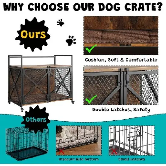 31"/41" Large Dog Crate Furniture, Indoor Wooden Dog Kennel with Wheels & Built-in Cushion, Stylish Dog House for Medium Large Dogs image {7}