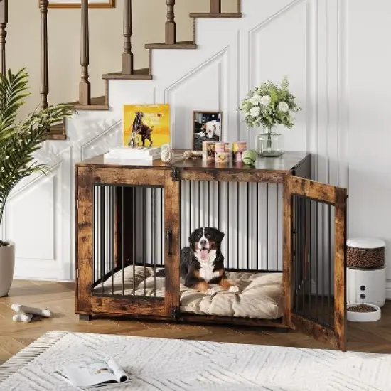 Wooden Dog Crate with Dual Locking Doors, Chew-Resistant Breed Indoor Kennel, Pet Cage End Table image {1}