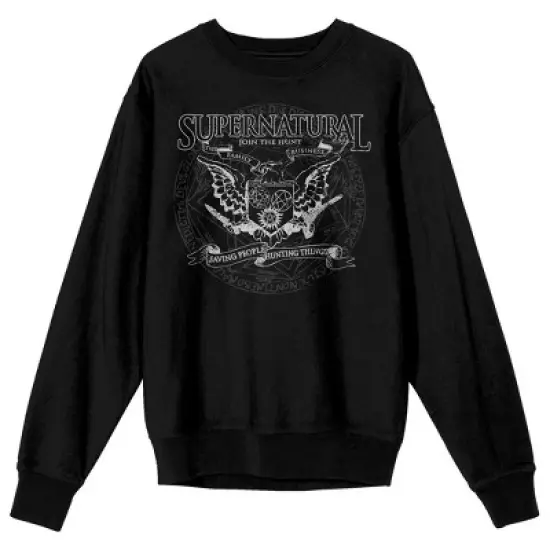 Supernatural Join The Hunt Eagle Crest Crew Neck Long Sleeve Men's Black Sweatshirt image {7}