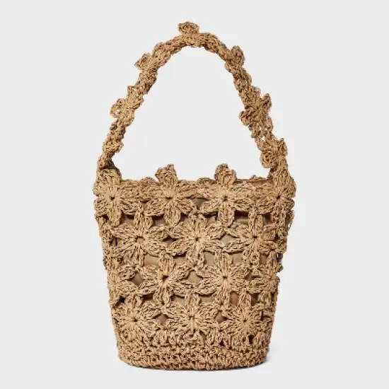 Straw Mini Floral Bucket Bag - A New Day&trade; Beige: Woven Paper Straw, Magnetic Closure, Structured Design image {5}
