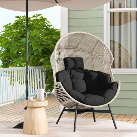 Costway Oversized Egg Style Chair with Cushions & Headrest Heavy-Duty Metal Frame for Yard Off White/Grey/Black image {4}