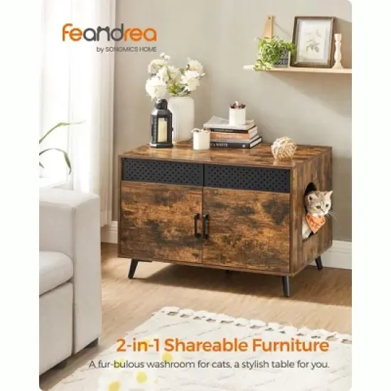 Feandrea Litter Box Enclosure, Cat Litter Box Furniture Hidden, with Removable Divider, High Legs, Cat House Rustic Brown image {1}