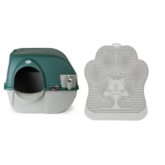 Omega Paw Roll'n Clean Unique No Scoop Self-Cleaning Home Cat Litter Box, Green & Omega Paw Paw Cleaning Litter Box Mat for Cats, Grey image {5}