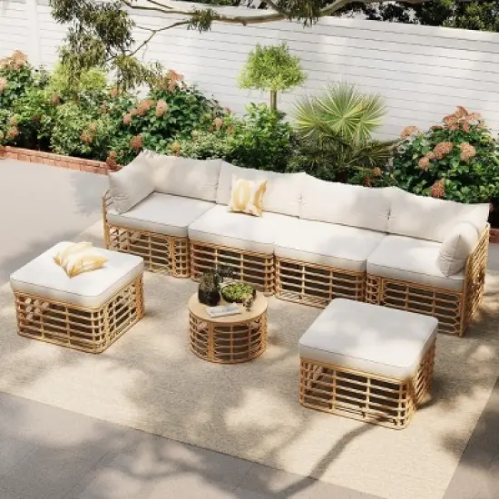 Outdoor 7-Pieces Sectional Sofa Set, All-Weather Rattan Sofa Set with Coffee Table, Freely Combined Sofa with Polyester Cushions&ndash;Cuddlewood image {1}