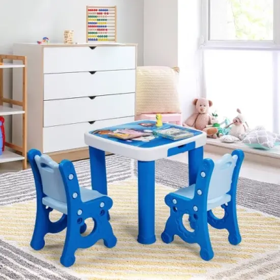 Costway Multifunctional Kids Desk & 2 Height-Adjustable Chairs w/ Non-slip Point Pink\ Blue\ Natural image {1}