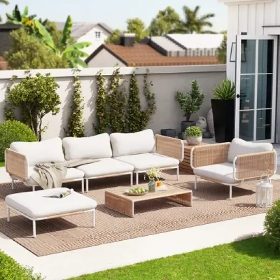 Crestlive Products Patio Furniture Set Oversized Metal Single Sofa Outdoor Sectionals Conversation Set with Cushion, White Frame and Beige Mat image {6}