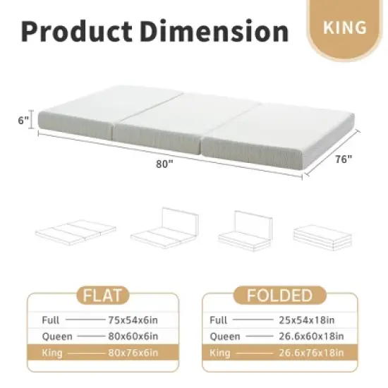 MUUEGM 6 Inch Tri-Fold Memory Foam Mattress with Washable Cover & Storage Bag, Foldable Floor Guest Bed for RV, Camping, Yoga image {1}