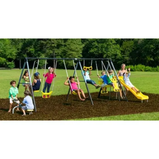XDP Recreation Rising Sun Playground Metal A-Frame Kids Swing Set, 10 Child Capacity, Outdoor Playset with Slide, See-Saw, Glider, and Swings, Yellow image {4}