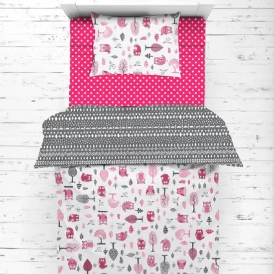Bacati - Owls in the Woods Pink Fuschia Gray 4 pc Toddler Bedding Set image {5}