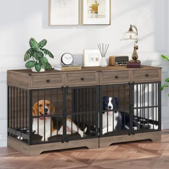 35"W Dog Kennel with Drawers, Pet Cage End Table with 2 Adjustable Bowls, Dog Crate Furniture, Brown image {6}