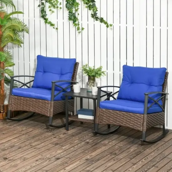 Outsunny 3 Piece Rocking Wicker Bistro Set, Outdoor Patio Furniture Set with two Porch Rocker Chairs, Cushions, Two-Tier Coffee Table image {2}