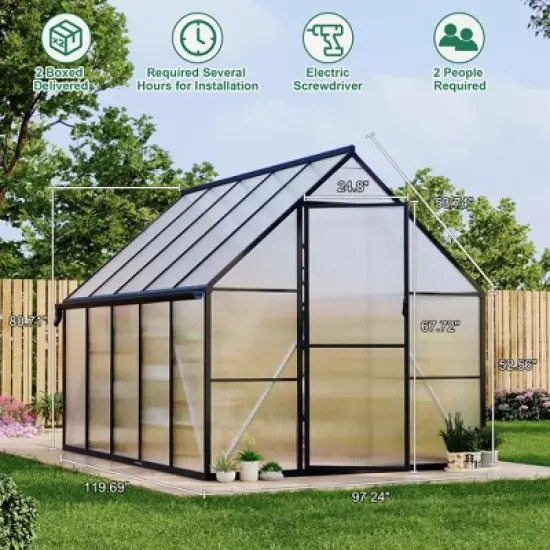 homfan Aluminum Polycarbonate Greenhouse w/ Roof Vent - Heavy Duty Quick Setup Walk-in Greenhouse for Outdoors, Black image {1}