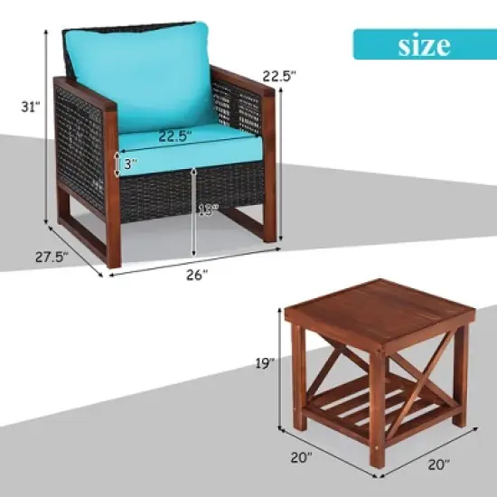 Costway 3PCS Patio Wicker Furniture Set Solid Wood Frame Cushion Sofa w/ Square Table Shelf image {3}