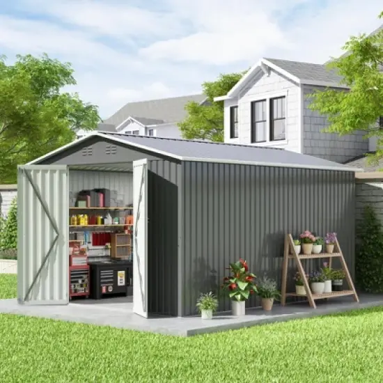 Sandinrayli 10 x 12 FT Outdoor Storage Shed, Large Metal Tool Sheds with Updated Frame Structure and Lockable Doors, Grey image {7}