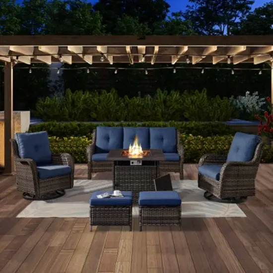 POCASSY 6 Piece Patio Furniture Set with Fire Pit, All Weather Wicker Rattan Patio Sofa Couch Set with Swivel Patio Chair and 50000BTU Square Fire Pit image {14}