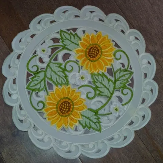 Jiallo Sunflower Embroidered Cutwork Round Placemat, 16-Inch diameter Table Linen Decor, Water Resistance, Machine Wash safe image {2}
