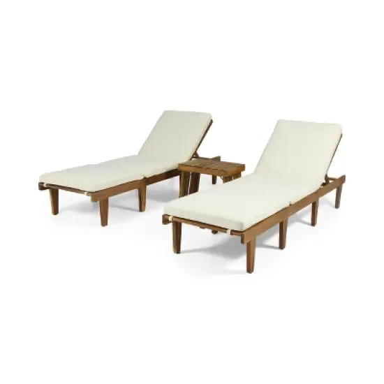 Christopher Knight Home Alisa Outdoor Acacia Wood 3 Piece Adjustable Armless Chaise Lounge Chat Set with Cushions image {7}