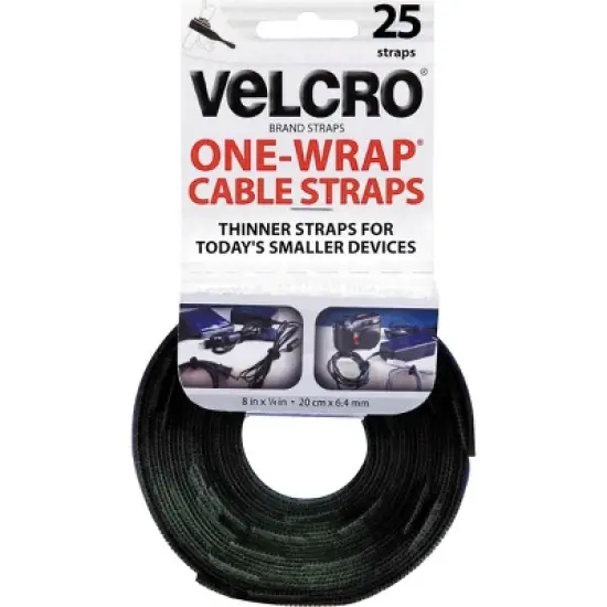 Velcro Reusable Self-Gripping Cable Ties 1/4 x 8 inches Black 25 Ties/Pack 91141 image {1}