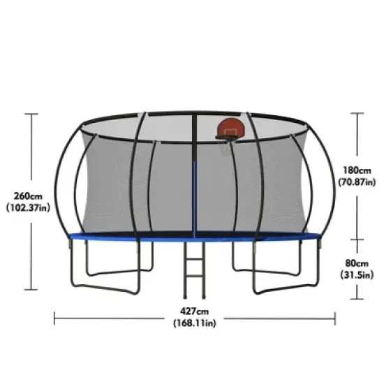 NAYSAYE Trampoline 14FT with Basketball Hoop Enclosure Net and Ladder for Outdoor Recreation, Black and Blue, 168.11"*168.11"*102.37" image {4}