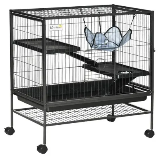 PawHut 3-Story Small Animal Cage, Metal Ferret Cage, Chinchilla Play House, with Casters Hammock No Leaking Tray Storage Shelf, 31.5"x20.5"x33" image {6}