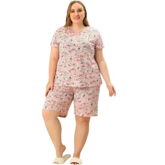 Agnes Orinda Womens Plus Size Loungewear Floral Elastic Waist Short Sleeve Pajamas Set image {2}