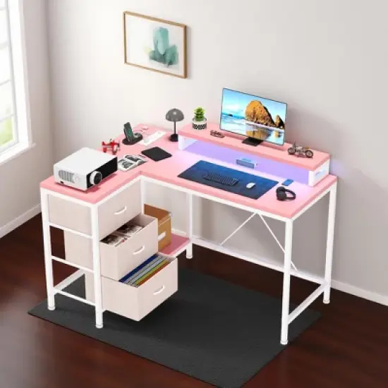 ODK L Shaped Computer Desk with Drawers Shelves Corner Gaming Desk Home Office Workstation Modern Ergonomic Design image {11}