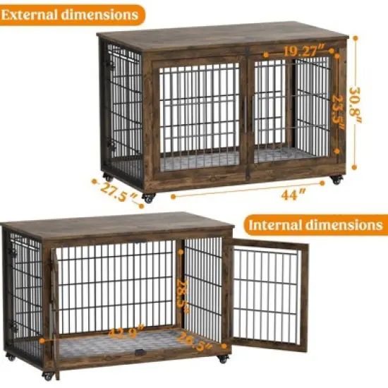 Gikpal Wooden Dog Crate Furniture, Stylish Dogs Kennel for Small to Extra Large, Double Door & A Cushion & 360&deg;Wheel, Metal, Chew-Proof, Dog Cage image {1}