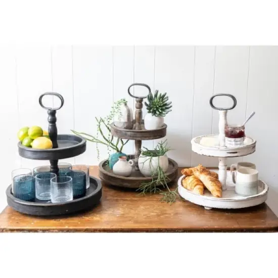 2 Tier 15" x 18.5" Distressed Wood Tray with Metal Handle Black - Storied Home image {3}