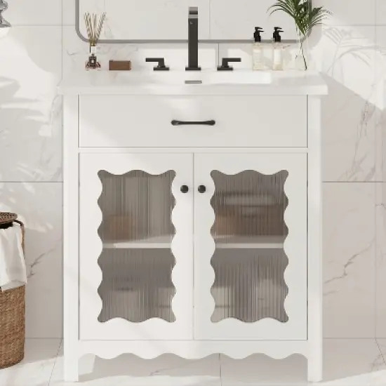 Christopher Knight Home Wiro Modern 31" Bathroom Vanity with Ceramic Sink, Tempered Glass Doors and Adjustable Shelves image {9}