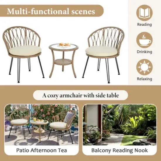 FIONECA 3-Piece Outdoor Leisure Set with 2 Rattan Chairs and Round Glass Table for Patio, Balcony, or Courtyard image {2}