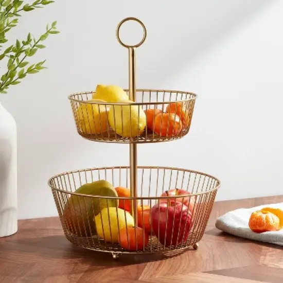 Delavan Collection Metal Wire Fruit Basket Gold - Threshold&trade;: Iron Round Fruit Holder Kitchen, 15.75" Height image {1}