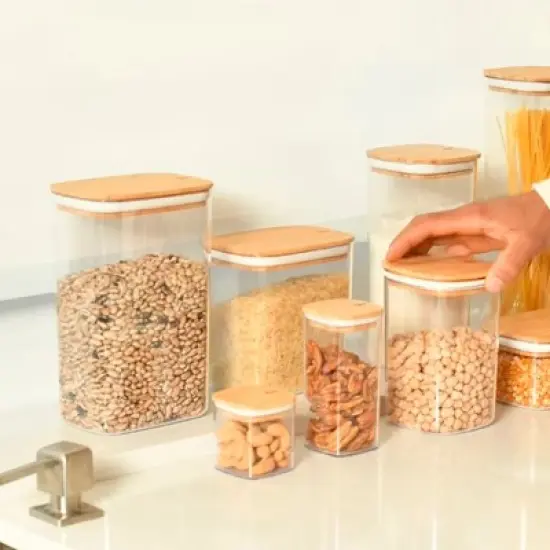 OU Airtight Food Storage Container Set 8pc (set of 4) Clear Plastic Storage Container w Leak Proof Bamboo Lid, Stackable Kitchen Pantry Organizer Jars image {11}