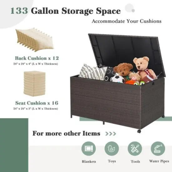 Costway 133 Gallon Patio Rattan Storage Deck Box Container Wheel Handle W/Liner image {5}