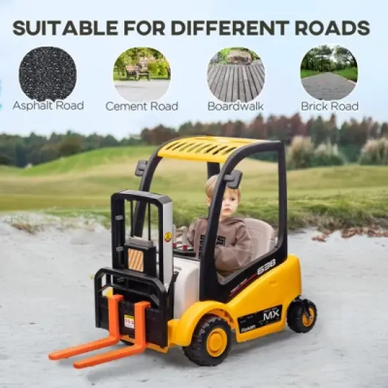 Qaba 12V Kids Ride on Forklift Car with Top, 360&deg; Rotation Electric Ride On Excavator with Liftable Fork and Pallet, Music, Yellow image {4}