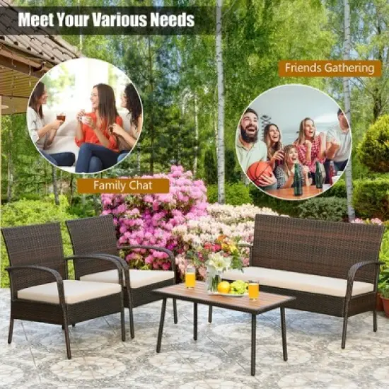 Costway 4PCS Patio Rattan Furniture Set Outdoor Conversation Set Coffee Table w/Cushions image {3}