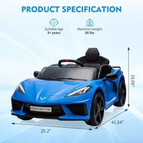 Ride on Sports Car, 12V Battery Powered Car for Kids, Licensed Corvette Kids Electric Car Toy, with RC, Visual Dashboard, Music image {1}