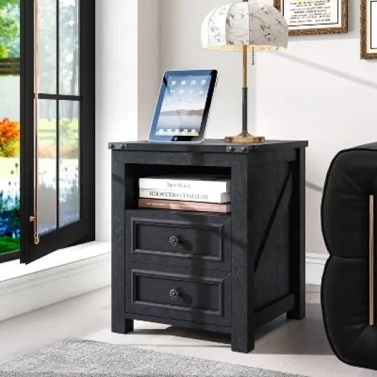 Dyonery Modern Wood End Table with Charging Station,Rustic 18 Inch Bedside Table with 2 Storage Drawers and Open Shelf,  for Bedroom,Living Room image {6}