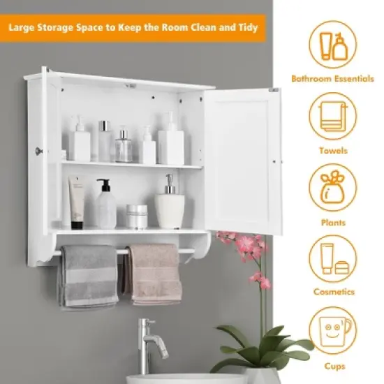 Costway Wall Mounted Bathroom Medicine Cabinet Storage Cupboard with Towel Bar Brown/Grey image {4}