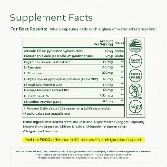 Think FOCO Capsules (13+) Natural Focus Supplement for Teens & Adults - Brain Nootropic for Concentration, Memory, & Cognitive Enhancement Vitamins image {6}