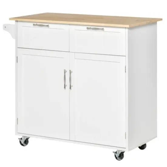 HOMCOM 41" Modern Rolling Kitchen Island on Wheels, Utility Cart Storage Trolley with Rubberwood Top & Drawers, White image {3}